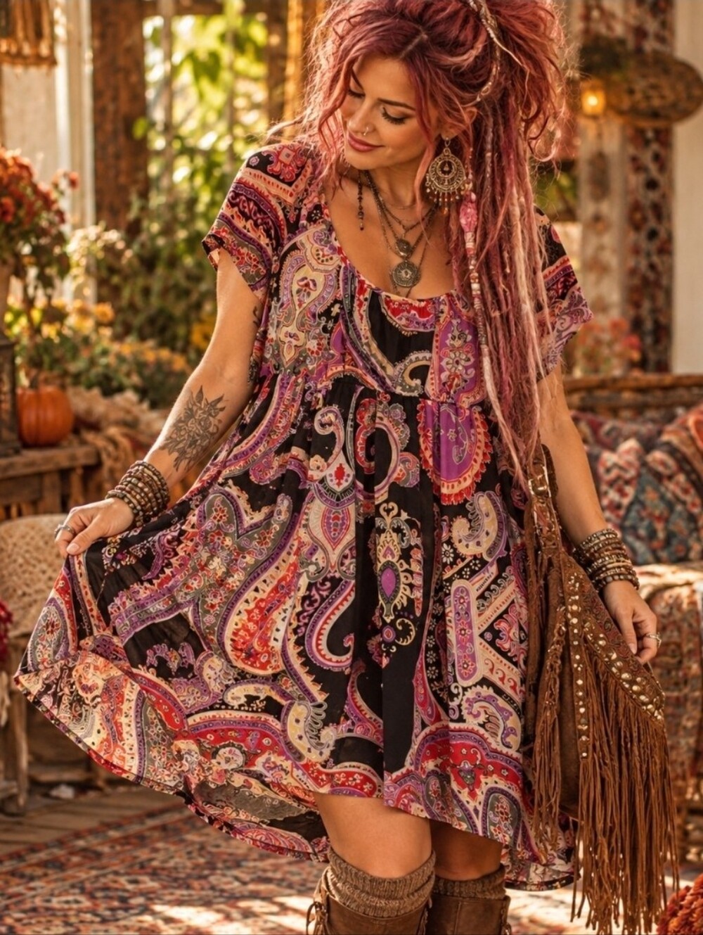 4/$15 Boho Paisley Babydoll Mini Dress Cottagecore Whimsigoth Festival Eclectic
